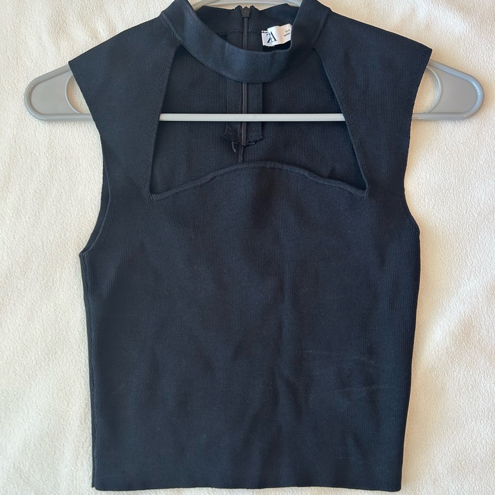 Zara Black Sleeveless Mock Neck Tank with Front Cutout